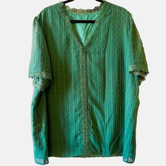 Green Lace Trim Textured Blouse | Size 3X | Elegant V-Neck Short Sleeve Top - Picture 3 of 12